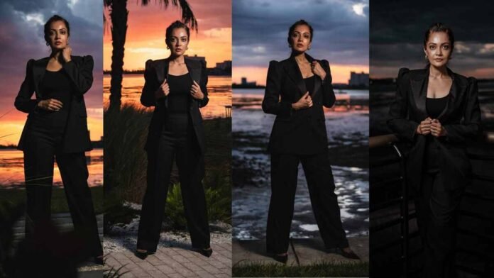 Sheena Chohan, Sheena Chohan photoshoot, Florida coastline photoshoot, Sheena Chohan black pantsuit, Indian actress international photoshoot, Neant outfit, celebrity fashion, Sheena Chohan latest pictures, Bollywood actress style, Luke Ayers photography