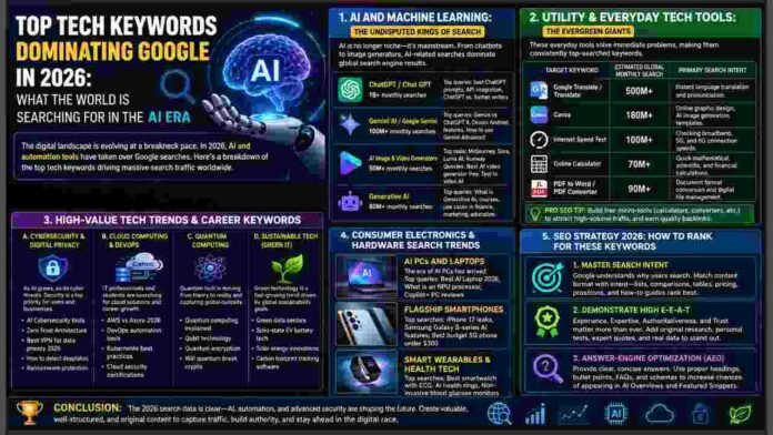Top Tech Keywords 2026, Most Searched Technology Terms Google, Tech Search Trends,ChatGPT search volume, Google Gemini search, Generative AI trends 2026, Tech SEO strategy 2026, highest CPC tech keywords, tech blogging ideas